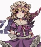  1girl bangs blonde_hair breasts character_request commentary_request dress frilled_dress frills looking_at_viewer purple_dress purple_eyes sato_imo short_hair simple_background solo touhou translation_request 