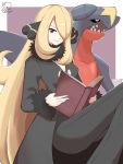  1girl black_coat black_pants blonde_hair book coat commentary cynthia_(pokemon) eyelashes fur-trimmed_coat fur_collar fur_trim garchomp gen_4_pokemon grey_eyes hair_ornament hair_over_one_eye highres holding holding_book jahana_mei long_hair long_sleeves looking_at_viewer pants pokemon pokemon_(creature) pokemon_(game) pokemon_dppt signature smile very_long_hair 