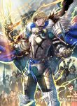  1boy areadbhar_(fire_emblem) armor bangs belt blonde_hair blue_belt blue_cape blue_eyes breastplate cape clover_k commentary cowboy_shot crest_of_blaiddyd crowd dimitri_alexandre_blaiddyd eyepatch fire_emblem fire_emblem:_three_houses fire_emblem_cipher fur-trimmed_cape fur_trim hair_between_eyes highres holding holding_spear holding_weapon looking_at_viewer official_art outdoors pauldrons polearm short_hair shoulder_armor spear standing third-party_source weapon 