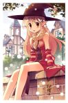  1girl absurdres animal_around_neck bangs blonde_hair blush body_blush border breasts brick_wall building cloud commentary_request day detached_sleeves doridori dress feet_out_of_frame fox hair_between_eyes hat highres house lamppost long_hair looking_at_viewer medium_breasts open_mouth outdoors professor_(ragnarok_online) ragnarok_online red_dress red_eyes red_sleeves sitting sky sleeveless sleeveless_dress solo star_(symbol) tree white_border window witch_hat 