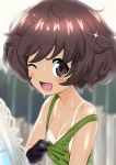  1girl absurdres akiyama_yukari bangs black_gloves blurry blurry_background blurry_foreground breasts brown_eyes brown_hair commentary electric_fan excel_(shena) eyebrows_visible_through_hair girls_und_panzer gloves green_shirt highres looking_at_viewer messy_hair military military_uniform nipples no_bra one_eye_closed ooarai_military_uniform open_mouth pulled_by_self shirt shirt_pull short_hair small_breasts smile solo sparkle sweat tan tank_top tanline uniform upper_body 