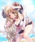  1girl ahoge anila_(granblue_fantasy) arm_up bikini blonde_hair blurry blurry_background breasts cleavage closed_mouth commentary_request cover-up day draph eyebrows_visible_through_hair frilled_bikini frills front-tie_bikini front-tie_top granblue_fantasy hand_on_own_knee highres horns kuroi_mimei large_breasts leaning_forward long_hair long_sleeves looking_at_viewer multi-strapped_bikini outdoors pink_bikini shading_eyes sheep_horns short_eyebrows smile solo standing sunlight swimsuit thick_eyebrows very_long_hair yellow_eyes 
