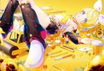  1girl black_shorts blonde_hair blue_eyes bottle bow card_(medium) cosmetics cup detached_sleeves disposable_cup flower guitar hair_bow hair_ornament hairclip headphones headset instrument kagamine_len kagamine_rin leg_warmers lipstick lipstick_tube looking_at_viewer lotion lotion_bottle lying makeup makeup_brush mascara mechanical_pencil nail_polish_bottle neckerchief on_back open_mouth pen pencil sawashi_(ur-sawasi) shoes short_hair shorts solo steamroller toy_car vocaloid white_bow white_footwear yellow_belt yellow_neckwear 