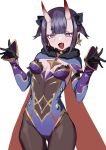  1girl :d bangs black_gloves blush cape cosplay covered_navel eyeliner fangs fate/grand_order fate_(series) genshin_impact gloves hikimayu horns leotard looking_at_viewer makeup mona_(genshin_impact) mona_(genshin_impact)_(cosplay) oni_horns open_mouth purple_eyes purple_hair shuten_douji_(fate/grand_order) simple_background smile solo sweat white_background wtcolor 