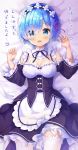  1girl :d amedamacon apron bangs bed_sheet black_dress black_ribbon black_sleeves blue_eyes blue_hair blush breasts cleavage commentary_request detached_sleeves dress eyebrows_visible_through_hair eyes_visible_through_hair frilled_apron frilled_dress frills hair_ornament hair_over_one_eye hair_ribbon hairclip hands_up highres juliet_sleeves long_sleeves lying medium_breasts neck_ribbon on_back open_mouth pink_ribbon puffy_sleeves re:zero_kara_hajimeru_isekai_seikatsu rem_(re:zero) ribbon roswaal_mansion_maid_uniform short_hair smile solo thighhighs translation_request waist_apron white_apron white_legwear wide_sleeves x_hair_ornament 