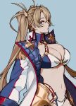  1girl absurdres armor blue_background blue_eyes bradamante_(fate/grand_order) breasts cleavage coat ennuigrl eyebrows eyebrows_visible_through_hair fate/grand_order fate_(series) highres hip_armor lips looking_to_the_side medium_breasts navel winter_clothes winter_coat work_in_progress 