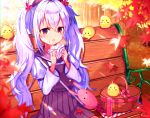  1girl :d ahoge alternate_costume animal_ears autumn autumn_leaves azur_lane bag baozi bench bird blurry blush_stickers bunny_ears casual chick commentary_request contemporary depth_of_field eyebrows_visible_through_hair fake_animal_ears food food_on_face forest hair_between_eyes handbag hat holding holding_food kyarameru76 laffey_(azur_lane) leaf light_purple_hair long_hair looking_at_viewer manjuu_(azur_lane) maple_leaf nature open_mouth park_bench picnic_basket red_eyes sitting smile thermos tree twintails 