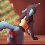  absurd_res anthro anus balls blue_body blue_fur bow_(knot) candy candy_cane christmas christmas_tree dessert fightmeatpax food fur genitals hi_res holidays lucario male nintendo plant pok&eacute;mon pok&eacute;mon_(species) presenting solo tree video_games 