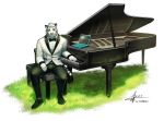  2015 5_fingers anthro biped black_tie_(suit) bottomwear bow_tie clothed clothing computer digital_media_(artwork) felid fingers grass heterochromia keyboard_instrument laptop male mammal musical_instrument pantherine piano plant plantigrade raccoon21 sitting solo suit tiger topwear 
