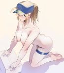  1girl ahoge artoria_pendragon_(all) ass ayakumo bangs baseball_cap blonde_hair blue_eyes blue_headwear blush breasts closed_mouth collarbone fate/grand_order fate_(series) feet hair_between_eyes hair_through_headwear hat kneeling large_breasts long_hair looking_at_viewer mysterious_heroine_xx_(foreigner) nipples nude ponytail smile soles thigh_strap tongue tongue_out 