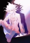  1boy ahoge bangs chain chained collar collarbone commentary_request curly_hair danganronpa_(series) danganronpa_another_episode:_ultra_despair_girls gloves grey_eyes highres jacket knees_up komaeda_nagito long_legs long_sleeves looking_at_viewer male_focus medium_hair messy_hair metal_collar monochrome open_clothes open_jacket pants red_nails shirt shoes sitting smile solo striped striped_shirt xiwang_xintu 