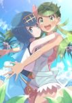  2girls alolan_exeggutor alolan_form bangs blue_eyes blue_hair blue_pants blush closed_mouth cloud commentary_request day floating_hair gen_7_pokemon green_eyes green_hair hair_ornament hairband highres hug lana_(pokemon) long_hair mallow_(pokemon) multiple_girls open_mouth otyaduke outdoors pants pokemon pokemon_(creature) pokemon_(game) pokemon_sm shiny shiny_hair shirt sky sleeveless sleeveless_shirt smile sparkle swept_bangs swimsuit swimsuit_under_clothes teeth tongue trial_captain 