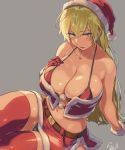  1girl bangs blonde_hair blush breasts cleavage dark_skin fire_emblem fire_emblem:_the_binding_blade green_eyes hat large_breasts long_hair looking_at_viewer open_mouth red_legwear santa_hat shinon_(tokage_shuryou) simple_background solo thighhighs 