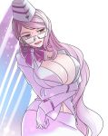  1girl arms_under_breasts breasts choker cleavage commentary commentary_request fang fate/grand_order fate_(series) glasses gloves koyanskaya large_breasts long_hair mentaiko_mamire midriff navel open_mouth pink_hair ribbon ribbon_choker simple_background skin_fang solo very_long_hair white_background white_gloves yellow_eyes 