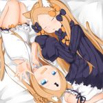  2girls :d :o abigail_williams_(fate/grand_order) animal_ear_fluff animal_ears bangs bare_arms bare_shoulders bed_sheet black_bow black_dress blonde_hair bloomers blue_eyes blush bow cat_ears cat_girl cat_tail commentary_request dress dual_persona fang fate/grand_order fate_(series) feet_out_of_frame forehead foreshortening hair_bow highres kemonomimi_mode keyhole long_hair long_sleeves lying multiple_girls on_side open_mouth orange_bow outstretched_arm parted_bangs parted_lips polka_dot polka_dot_bow sleeves_past_fingers sleeves_past_wrists smile su_guryu swimsuit tail underwear very_long_hair white_bloomers white_swimsuit 