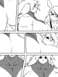  anthro big_breasts biped blush breast_squish breasts comic digimon digimon_(species) duo ear_markings facial_markings female growth guilmon hair head_markings long_ears markings monochrome muscle_growth muscular muscular_female nipples ryuakira scalie shocked_expression simple_background squish symbol terriermon white_background 