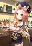  1girl alcohol animal_ears bag bare_shoulders bartender blush bottle cabbie_hat cat_ears cat_tail cup detached_sleeves diona_(genshin_impact) drinking_glass genshin_impact green_eyes hair_ornament hat highres j2l long_sleeves looking_at_viewer paw_print pink_hair sake short_hair shorts sleeveless solo standing tail tied_hair wine_bottle wine_glass 