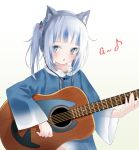  1girl :o a acoustic_guitar animal_costume bangs blue_eyes blue_hair blunt_bangs blush cat_ear_headphones commentary english_text gawr_gura guitar hair_ornament headphones highres holding holding_instrument hololive hololive_english hood hood_down instrument long_sleeves looking_at_viewer multicolored_hair shark_costume shark_girl shark_hair_ornament solo streaked_hair two_side_up virtual_youtuber white_background white_hair wide_sleeves yuzuno_kaori 