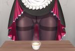  1girl ass_visible_through_thighs black_legwear cracked_wall cup dress drink genshin_impact highres lifted_by_self lower_body maid noelle_(genshin_impact) pantyhose pee peeing steam table teacup z282g 