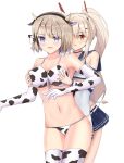  2girls animal_ears animal_print ayanami_(azur_lane) azur_lane black_choker black_hairband blue_sailor_collar breasts choker cow_ears cow_girl cow_horns cow_print cow_tail elbow_gloves eyebrows_visible_through_hair fake_animal_ears gloves grabbing grabbing_from_behind hairband headgear highres horns large_breasts light_brown_hair long_hair miniskirt multiple_girls pleated_skirt ponytail purple_eyes red_eyes sailor_collar short_hair simple_background skirt tail thighhighs thighs two-tone_swimsuit very_long_hair white_background wide_sleeves z23_(azur_lane) zdj 