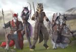  2020 5_fingers anthro arrow axe bow breasts canid canine canis clothed clothing day detailed_background digital_media_(artwork) female fingers holding_object holding_sword holding_weapon kittysilence male mammal melee_weapon outside polearm sky spear sword weapon wolf 