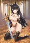  1girl alternate_costume animal_ears areola_slip areolae ass atago_(azur_lane) azur_lane bangs bare_shoulders black_hair black_legwear breasts chinese_commentary choker closed_mouth collarbone detached_sleeves fate/grand_order fate_(series) full_body holding holding_sword holding_weapon ishtar_(fate)_(all) jewelry kneeling large_breasts long_hair mole mole_under_eye navel revealing_clothes shaobao_(sdhx3728) sidelocks smile solo stirrup_legwear stomach swept_bangs sword thighhighs thighs toeless_legwear very_long_hair weapon wolf_ears yellow_eyes 