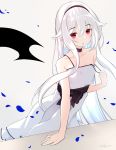  1girl :o aphilia_(kiyomin) bangs bare_arms bare_shoulders black_bow black_hairband black_wings bow collarbone commentary_request detached_wings dress eyebrows_visible_through_hair grey_background hair_between_eyes hairband highres kiyomin long_hair looking_at_viewer original parted_lips petals pleated_dress red_eyes single_wing sleeveless sleeveless_dress solo strap_slip very_long_hair white_dress white_hair wings 