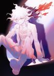  1boy ahoge bangs blood blood_on_wall blood_splatter chain chained collar collarbone commentary_request curly_hair danganronpa_(series) danganronpa_another_episode:_ultra_despair_girls gloves grey_eyes highres jacket knees_up komaeda_nagito long_legs long_sleeves looking_at_viewer male_focus medium_hair messy_hair metal_collar monochrome open_clothes open_jacket pants red_nails shirt shoes sitting smile solo striped striped_shirt xiwang_xintu 