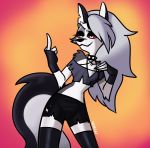  anthro black_body black_fur bottomwear canid canid_demon chest_tuft clothing collar demon ear_piercing eyebrows female fingerless_gloves fur gesture gloves grey_body grey_fur grey_hair hair half-closed_eyes handwear hellhound helluva_boss hexecat hi_res inner_ear_fluff loona_(vivzmind) mammal middle_finger narrowed_eyes notched_ear piercing raised_eyebrow red_sclera shorts shoulder_tuft smile smirk solo spiked_collar spikes torn_bottomwear torn_clothing torn_shorts tuft white_body white_eyes white_fur white_inner_ear 