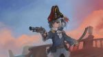  1girl alternate_costume antique_firearm bangs belt black_belt blazing_sails blue_hair cravat cutlass_(sword) english_commentary firearm firelock flintlock gawr_gura gun handgun hat highres holding holding_gun holding_sword holding_weapon hololive hololive_english medium_hair multicolored_hair paintrfiend pirate pirate_hat pistol silver_hair smile solo streaked_hair sword virtual_youtuber weapon 