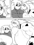  anthro big_breasts biped blush breast_squish breasts claws comic confusion digimon digimon_(species) duo ear_markings facial_markings female fingers growth guilmon hair head_markings long_ears markings monochrome muscle_growth muscular muscular_female nipples ryuakira scalie shocked_expression simple_background squish symbol terriermon white_background 