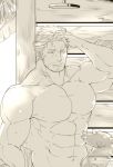  1boy abs bara dagon_(tokyo_houkago_summoners) facial_hair fins greyscale hair_slicked_back hair_strand hand_on_own_head hinokumo_f male_focus monochrome muscular navel nude pectorals short_hair showering sideburns solo stubble tentacles tokyo_houkago_summoners upper_body wet 