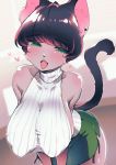  &lt;3 anthro beauty_mark big_breasts black_hair blush bottomwear breasts clothed clothing domestic_cat ear_piercing eyebrow_through_hair eyebrows felid feline felis female fur green_eyes grey_body grey_fur hair hi_res huge_breasts kemono looking_at_viewer mammal nipple_outline open_mouth piercing sakuragiyomi short_hair skirt sleeveless_turtleneck solo sweater tight_clothing tongue tongue_out topwear translucent translucent_hair 