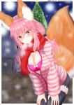  1girl animal_ear_fluff animal_ears artist_request black_legwear blush bra breasts christmas christmas_lights christmas_ornaments christmas_tree cleavage closed_eyes eyebrows_visible_through_hair fate/extella fate/extra fate/extra_ccc fate/grand_order fate_(series) fox_ears fox_girl fox_tail highres large_breasts open_clothes open_shirt outdoors pink_bra pink_hair snow solo tail tamamo_(fate)_(all) tamamo_no_mae_(fate) underwear yellow_eyes 