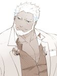  1boy aegir_(tokyo_houkago_summoners) aqua_hair bara beard blue_eyes facial_hair fins formal hair_slicked_back hair_strand head_tilt hinokumo_f looking_to_the_side male_focus multicolored_hair muscular muscular_male partially_unbuttoned pectorals shirt short_hair smile solo spot_color streaked_hair striped striped_shirt suit tokyo_houkago_summoners upper_body white_background white_hair 