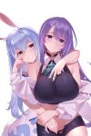  2girls animal_ears bangs blush breasts bunny_ears choker fur_scarf highres holding_hands hololive hololive_indonesia hug hug_from_behind kaneko_(bblogtinhan) large_breasts long_hair looking_at_viewer moona_hoshinova multicolored_hair multiple_girls purple_eyes purple_hair rabbit_girl red_eyes short_shorts shorts simple_background smile starry_hair two-tone_hair usada_pekora v virtual_youtuber white_background 