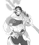  1boy abs asymmetrical_sleeves axe bara beard chest_hair chest_harness cowboy_shot dragalia_lost facial_hair greyscale hand_on_hip harness highres huge_weapon male_focus midriff monochrome multicolored_hair muscular navel navel_hair over_shoulder pectorals saltypoundcake short_hair smile solo stomach streaked_hair thick_thighs thighs weapon weapon_over_shoulder white_background zhu_bajie_(dragalia_lost) 