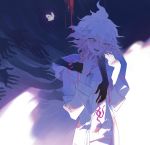  1boy bangs blood bloody_hands blush bug butterfly coat collarbone commentary_request crazy_eyes danganronpa_(series) danganronpa_2:_goodbye_despair finger_to_mouth grabbing grabbing_from_behind hair_between_eyes hand_up highres hood hood_down hooded_coat insect komaeda_nagito long_sleeves male_focus medium_hair messy_hair multiple_hands nail_polish open_mouth pink_blood print_shirt red_nails shirt smile solo_focus upper_body white_butterfly white_hair white_shirt xiwang_xintu 