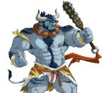  1boy abs animal_ears armpit_hair bara bead_necklace beads beard blue_fur blue_oni blue_oni_(saltypoundcake) blue_skin breath bulge chest_hair club colored_skin cow_ears cow_horns cow_tail cowboy_shot dark_blue_hair facial_hair fang furrification furry hairy highres holding holding_weapon horns jewelry kanabou loincloth male_focus minotaur monster_boy muscular navel navel_hair necklace nipples oni oni_horns original pectorals saltypoundcake shirtless short_hair solo tail thick_eyebrows thighs tied_hair weapon white_background yellow_sclera 