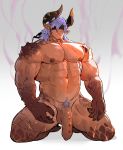  1boy abs bara completely_nude covered_eyes dragon_boy dragon_horns facial_hair fang flaccid full_body goatee highres horns kneeling male_focus male_pubic_hair medium_hair monster_boy muscular navel nipples nude original pectorals pubic_hair purple_hair saltypoundcake scales sideburns solo thick_thighs thighs uncensored 