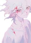  1boy bangs blood blood_on_face bloody_clothes closed_mouth collarbone commentary_request danganronpa_(series) danganronpa_2:_goodbye_despair face grey_eyes grey_hair highres komaeda_nagito looking_at_viewer male_focus messy_hair shirt simple_background smile solo sweat upper_body white_background white_shirt xiwang_xintu 