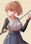  1girl alternate_costume beige_background black_hakama blue_eyes breasts brown_hair cowboy_shot gauntlets hakama intrepid_(kantai_collection) japanese_clothes kantai_collection large_breasts ponytail short_hair solo sword twitter_username weapon wss_(nicoseiga19993411) 