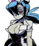  1girl 770mk bandage_over_one_eye blue_hair breasts cleavage eyepatch hat large_breasts looking_down mask mouth_mask nurse nurse_cap ponytail red_cross red_eyes skullgirls spiked_hair standing surgical_mask valentine_(skullgirls) watermark white_background 