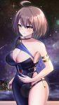  1girl absurdres armlet asymmetrical_clothes azur_lane baltimore_(azur_lane) baltimore_(evening_breeze_minuet)_(azur_lane) black_cape black_dress blue_cape blue_cloak braid breasts brown_hair cape champagne_flute cleavage cloak commentary cup dress drinking_glass evening_gown highres holding holding_cup kurony_(sirony) large_breasts long_dress looking_at_viewer night official_alternate_costume reflection short_hair side_slit single_bare_shoulder sky solo star_(sky) starry_sky two-tone_cape yellow_eyes 