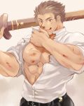  1boy :q abs bara belt black_pants blood blood_on_face brown_hair bruise bruise_on_face hair_slicked_back hair_strand hinokumo_f injury male_focus master_3_(tokyo_houkago_summoners) muscular muscular_male over_shoulder pants pectorals shirt short_hair sleeves_rolled_up solo sword sword_over_shoulder tokyo_houkago_summoners tongue tongue_out torn_clothes torn_shirt upper_body weapon weapon_over_shoulder white_shirt wiping_face wooden_sword 