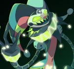  2020 4_fingers animatronic bb_(artist) black_cheeks black_markings clothing clown_makeup clown_paint demon fingers fizzarolli fool&#039;s_hat glowing glowing_markings green_sclera hat headgear headwear helluva_boss hi_res jester machine male markings multicolored_body not_furry open_mouth open_smile robot sharp_teeth smile solo teeth white_eyes 