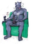  2007 anthro balls barazoku erection felid feline furniture genitals humanoid_genitalia humanoid_hands humanoid_penis japanese_text kemono low_res male mammal muscular muscular_anthro muscular_male penis sitting sofa solo text tongue tongue_out unknown_artist 