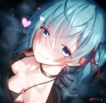  1girl artist_name bangs black_choker black_dress blue_eyes blue_hair blurry blurry_background blush breasts choker cleavage closed_mouth depth_of_field downblouse dress eyebrows_visible_through_hair from_above hair_between_eyes hair_ribbon hatsune_miku heart heart_in_eye long_hair looking_at_viewer looking_up qys3 red_ribbon ribbon shinkai_shoujo_(vocaloid) sleeveless sleeveless_dress smile solo symbol_in_eye twintails very_long_hair vocaloid 