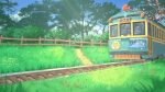  bush cherry_blossoms cloud commentary day fence flower grass ground_vehicle highres no_humans original plant railroad_tracks scenery sky sunlight train tree user_swzc2434 