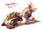  ^_^ claws closed_eyes commentary creature crypto_(telefang) english_commentary english_text frown full_body fungus_(telefang) garmmy gift_art happy_birthday horns keitai_denjuu_telefang lying no_humans on_stomach shadow simple_background single_horn white_background 